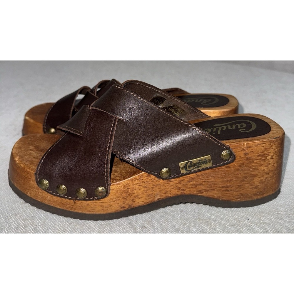 Vtg Candies Sandals Shoe Sz 7 Wood Platform Gold Studded Wooden Brown Leather